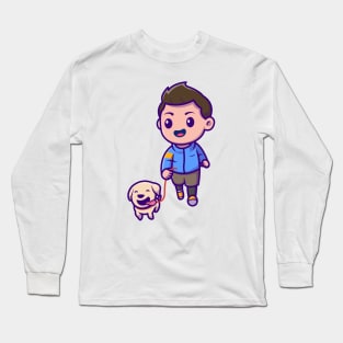Cute Boy Jogging With Dog Cartoon Long Sleeve T-Shirt